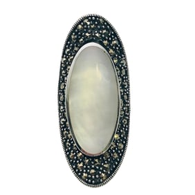 Mother Of Pearl Marcasite Sterling Statement Ring Size 6, 9.76 G