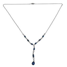 Sapphire, Sterling Lariat Pendant Cable Chain Necklace 6.1 G