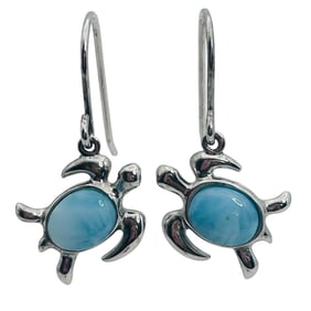 Hawaiian Alamea Honu Larimar Sterling Turtle Dangle Earring 3.44 G