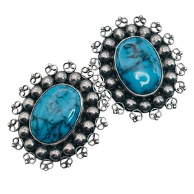 Mexico, Turquoise Sterling Oval Clip On Earrings 10.56 G