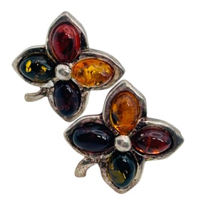 Amber Sterling Clover Flower Earrings 3.96 G