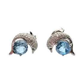 Sterling Silver Dolphin Earrings with Blue Topaz Stones, 2.2 G