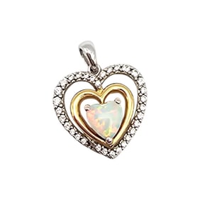 14k Gold and Sterling Silver Double Heart Pendant with Opal Center