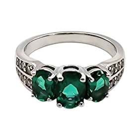Sterling Silver Ring with Green Gemstones, Size 6.75