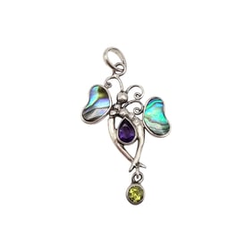 Abalone, Peridot, and Amethyst Sterling Silver Pendant, 3.2 G