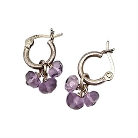 Sterling Silver Bead Hoop Earrings with Purple Faceted Beads, 2.2 G