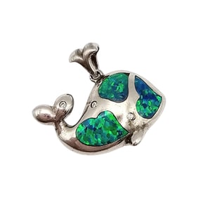 Sterling Silver Whale Pendant with Lab Opal Inlay, 5.4 G