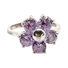 Sterling Silver Flower Ring With Purple Cubic Zirconia Stones, Size 8, 4.3 G