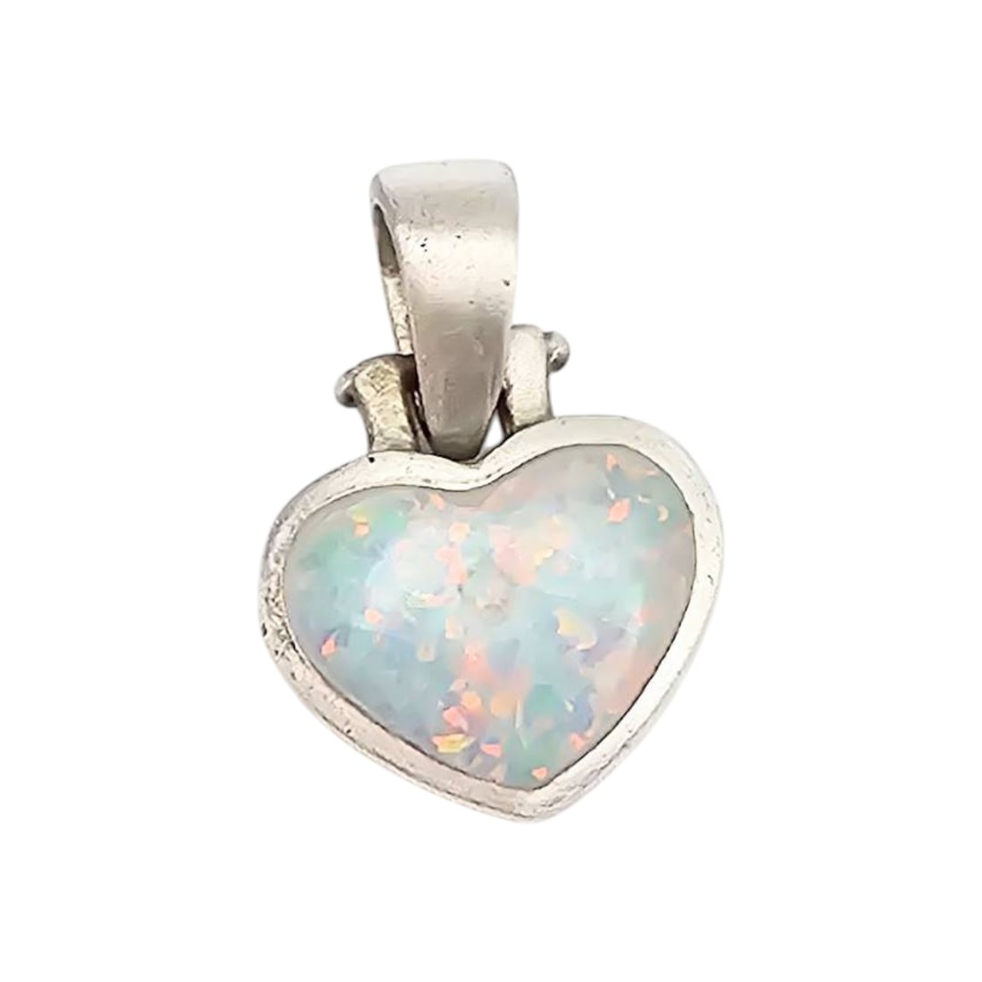 Sterling Silver Heart-Shaped Opal Pendant, 3.4 G: Sterling silver pendant featuring a heart-shaped opal stone. The pendant is stamped 925 to indicate sterling silver composition and weighs 3.4 grams. The opal displays a beautiful play of color. Appro