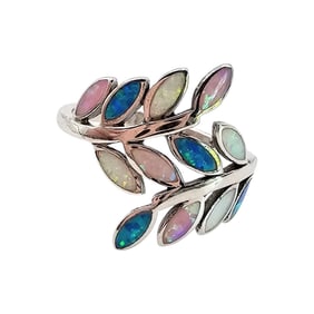 Sterling Silver Multicolor Opal Leaf Design Ring, Size 5