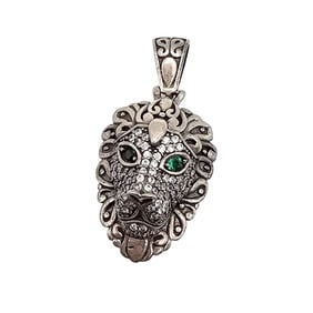 Sterling Silver Lion Head Pendant with Green Accents, 4.8 G