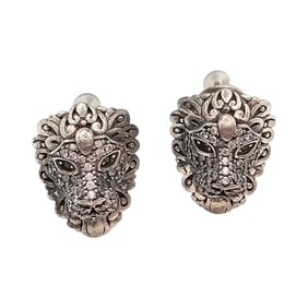Sterling Silver Lion-Shaped Earrings with Clear and Green Stones