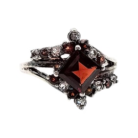 Garnet and White Topaz Sterling Silver Ring, Size 6.75