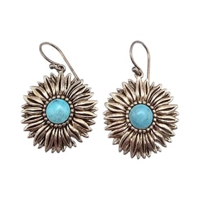 Sterling Silver Sunflower Earrings with Turquoise Center, 8.9 G