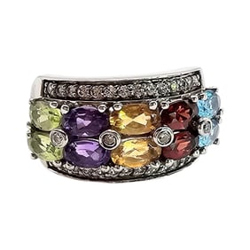 Sterling Silver FP Multi-Gemstone Ring with CZ Accents, Size 5.75