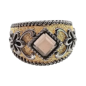 Sterling Silver Smoky Quartz Ring with Gold Accents, Size 6.75