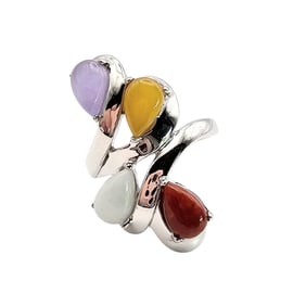 PAJ Joy Sterling Silver Ring With Multicolored Jade Stones, Size 7.5, 6.4 G