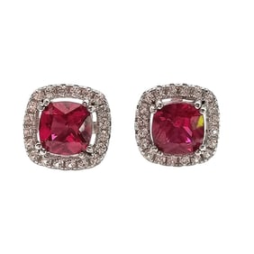 Sterling Silver Stud Earrings with Synthetic Ruby and White Topaz Accents