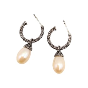 Pearl and Sterling Silver Hoop Earrings, 6.4 G