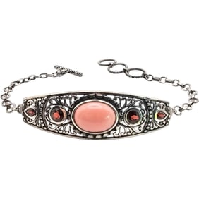 D’Joy Sterling Silver Pink Shell and Garnet Bracelet, 14.7 G