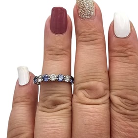 Sterling Silver Eternity Band with Blue and Clear Cubic Zirconia Stones, 2.8 G