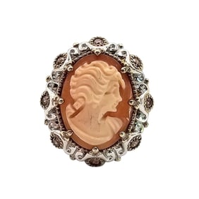 NH Sterling Silver Carved Cameo Ring With Gold Over Detailing