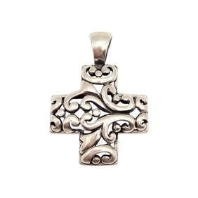 Sterling Silver Cross Pendant with Intricate Design, 7.7 G