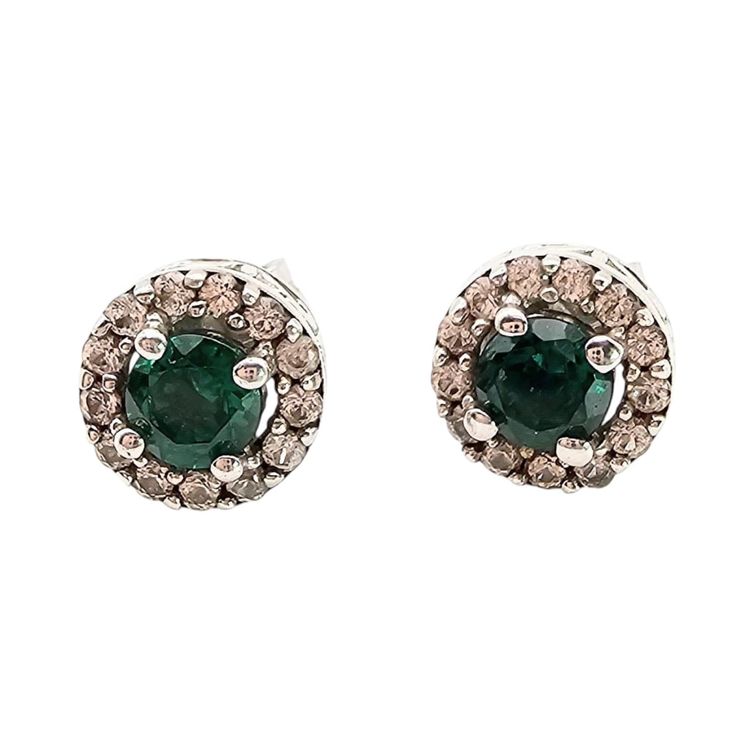 FAS Rhinestone Sterling Silver Earrings with Green Stone and 1.5g Weight: FAS brand earrings crafted from sterling silver. These round stud earrings feature a central green rhinestone surrounded by a halo of clear rhinestones. The earrings weigh approximately 1.5 grams and 