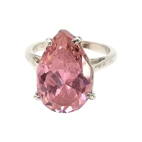 Sterling Silver  Ring with Pear-Shaped Pink Rhinestone, Size 6.75, 4.3 G