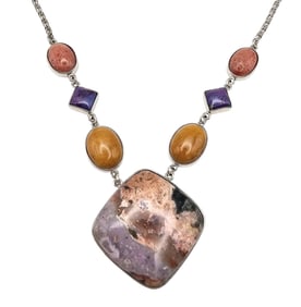 Sterling Silver Necklace with Dalmatian Jasper, Agate, and Charoite Stones