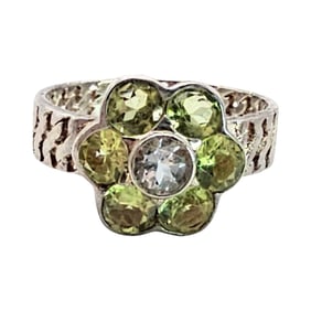 Sterling Silver White Topaz and Peridot Flower Ring, Size 7.25