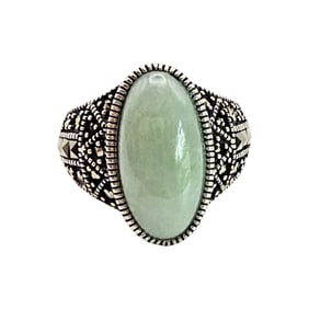 Sterling Silver Jade and Marcasite Ring, Size 7.25