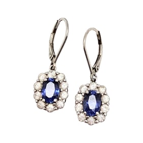 AJI Topaz Silver Drop Earrings with Blue Stones and Surrounding Clear Accents