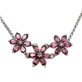 Sterling Silver Necklace with Red Gemstone Floral Design, Signed, 7.1 G