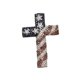 Sterling Silver Diamond American Flag Cross Pendant, 4 G