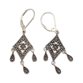 Sterling Silver Marcasite Drop Earrings with Leverback Clasps