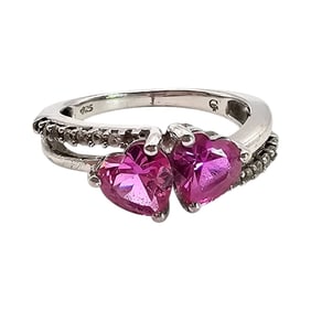 Sterling Silver Ruby and White Topaz Heart Ring, Size 7, 2.9 G