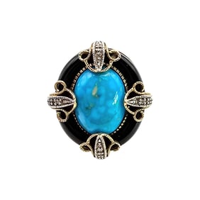Sterling Silver Turquoise and Onyx Ring, Size 8.75, 9.5 G