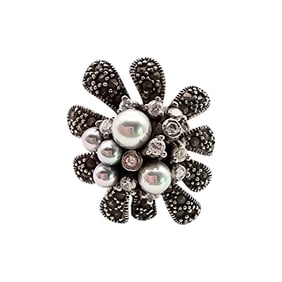 Sterling Silver NF Pearl and Marcasite Floral Ring, Size 7.5, 16.2 G