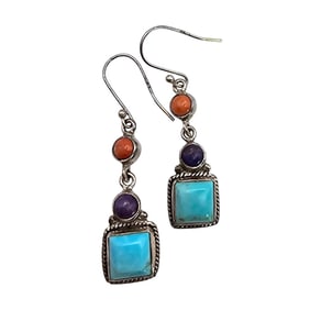 Sterling Silver Drop Earrings with Spiny Oyster, Charolite, and Turquoise