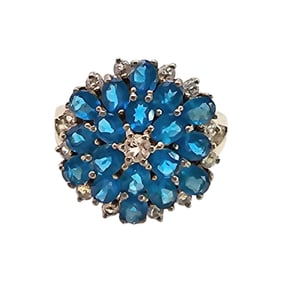 Sterling Silver Blue Rhinestone Flower Ring, Size 7.5, 5.4 G