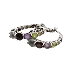 FAS Sterling Silver Multi-Gemstone Hoop Earrings, 4.4 G