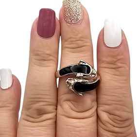 Italian Enameled Sterling Silver Cat Ring, Size 7.5