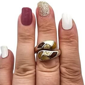 Sterling Silver Inlay Ring with Tiger’s Eye, Jasper, and Abalone, Size 7.25