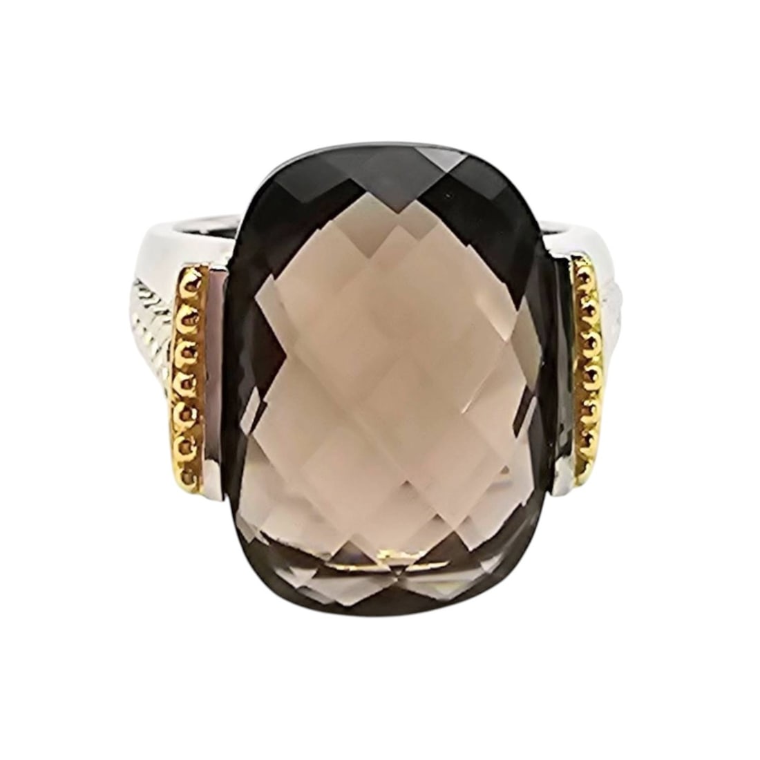 Sterling Silver Smoky Quartz Ring with Gold Accents, Size 9.25: Sterling silver ring featuring a faceted smoky quartz gemstone centerpiece. Gold-tone accents adorn the sides of the band. Stamped '925' for sterling silver purity. Ring size is 9.25, and the total we