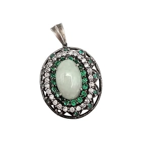 Sterling Silver Jade and Rhinestone Pendant, 4 G