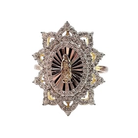 Virgin Mary Religious Ring with Diamond Accents, Sterling Silver and Gold Overlay, Size 7.5