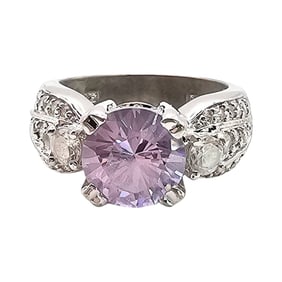 Signed Cubic Zirconia Sterling Silver Ring with Purple and Clear Stones, Size 6.5
