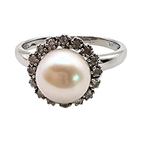 Signed Sterling Silver Ring with Pearl and Diamond Accents, Size 5.75
