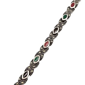 Sterling Silver R  Marcasite and Multi-Gemstone Tennis Bracelet